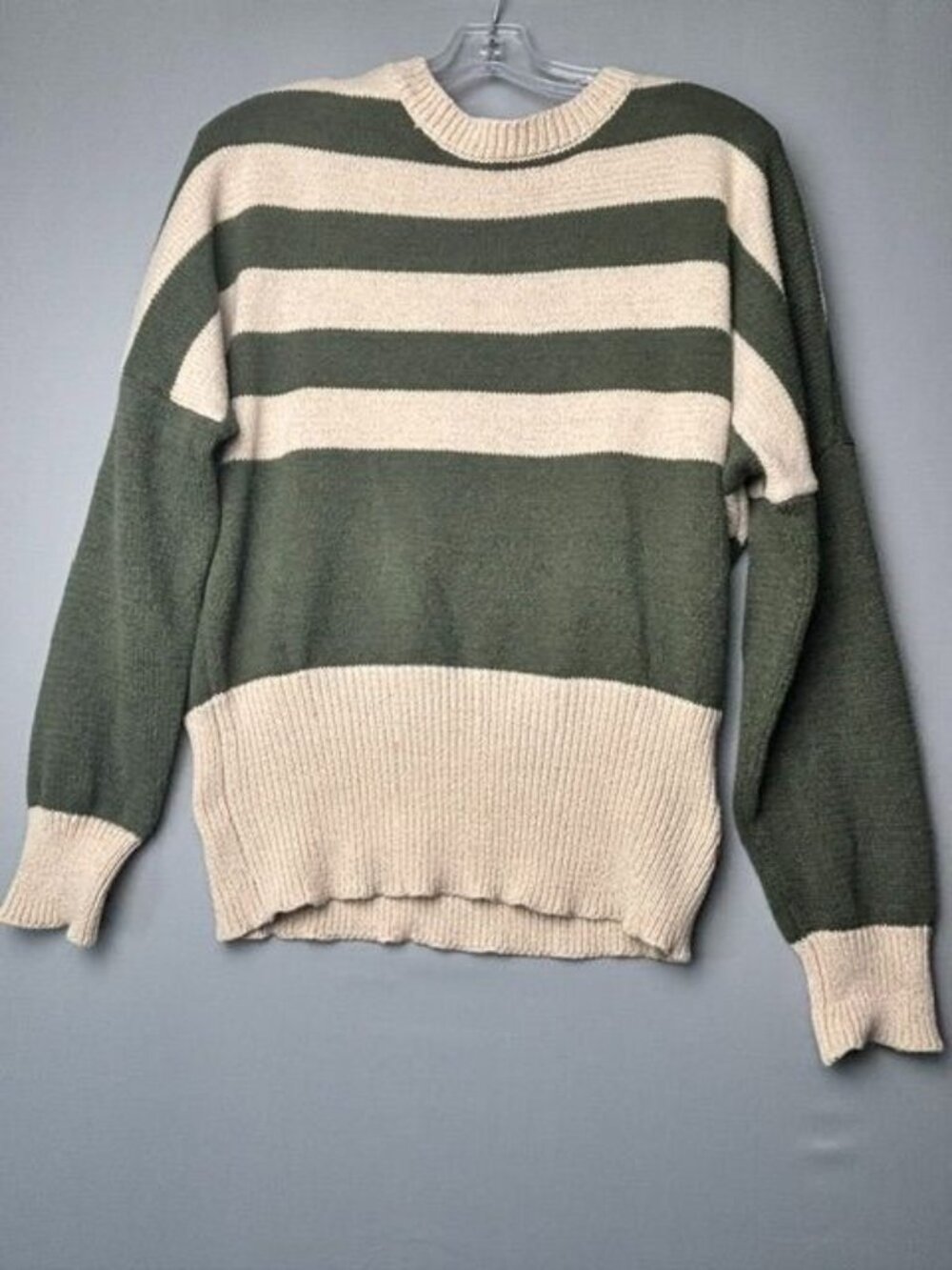 Doe and Rae Women's Green Cream Striped Knit Sweater M Criss Cross Back